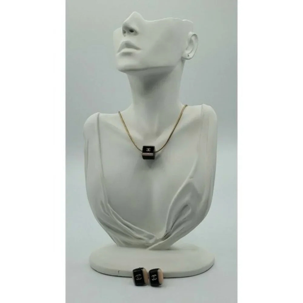 Vintage Authentic Chanel Logo Necklace &  Square Clip Earrings Set ~ Signature - Picture 2 of 11